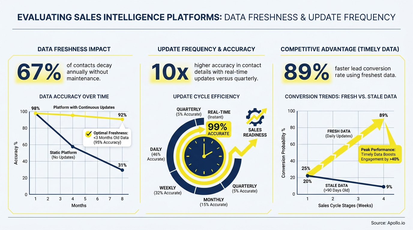 A three-panel infographic illustrating data accuracy, update frequency, and conversion benefits in sales intelligence.