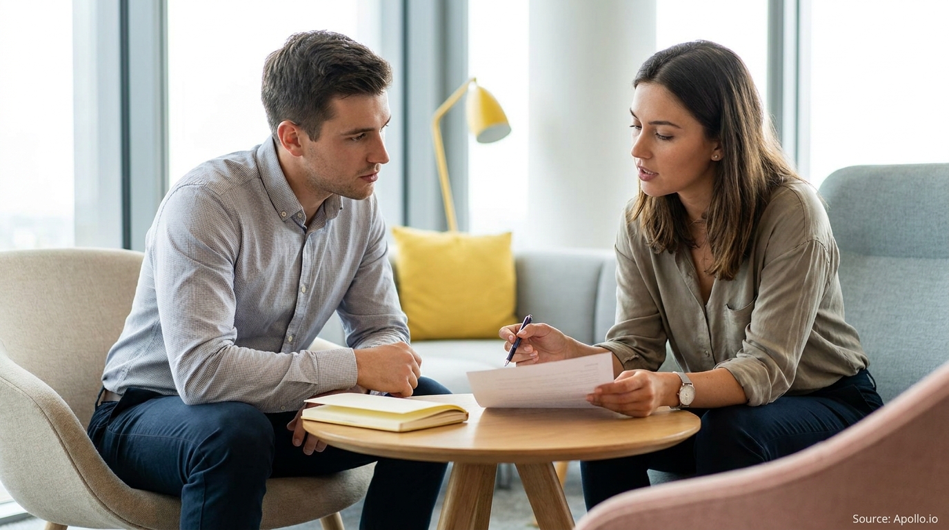 A man and woman discuss documents at a round table in a modern office.
