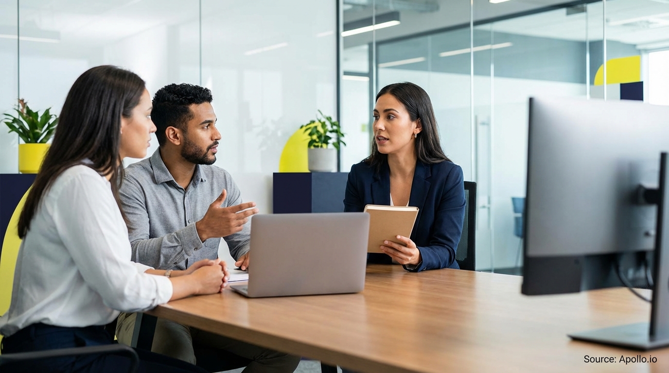 Three professionals discuss strategy at a modern office table with a laptop.