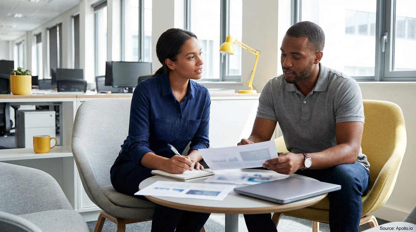 Two colleagues discuss documents and take notes in a contemporary office.
