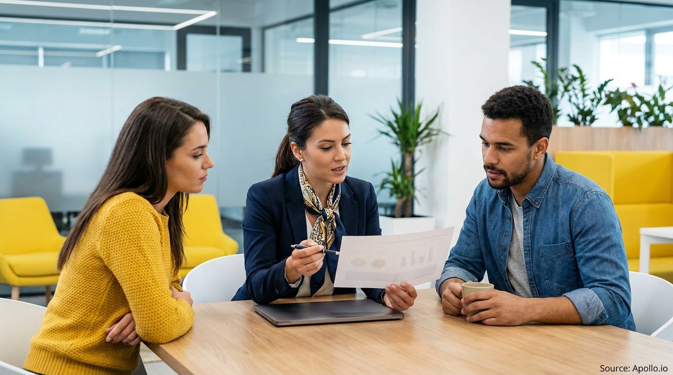 A businesswoman presents data charts to two colleagues at a modern office table.
