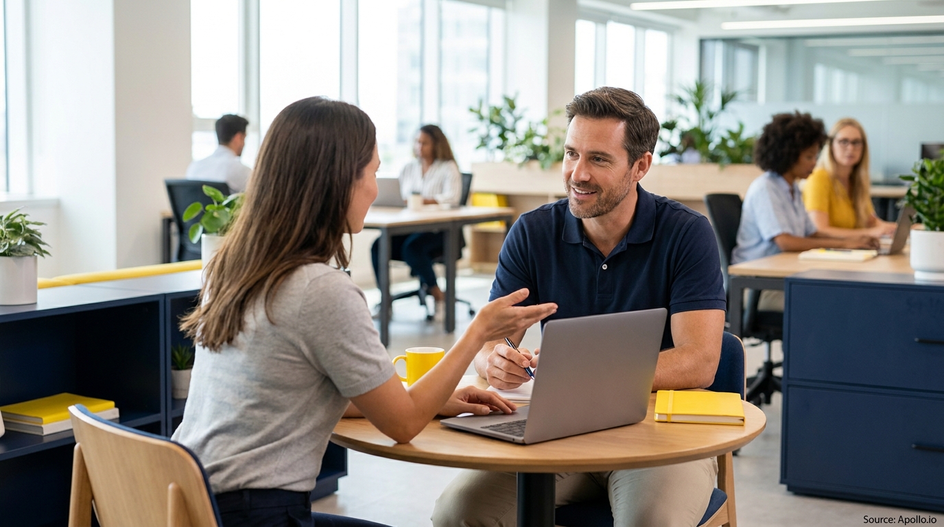 Two professionals talk and work on a laptop at a round table in a modern, open office.