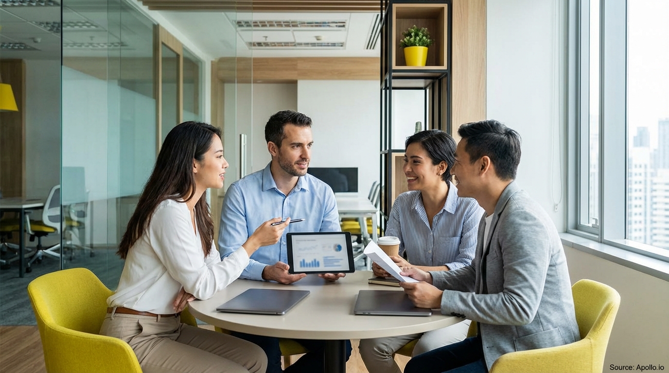 Four professionals discuss charts on a tablet at a modern office meeting.
