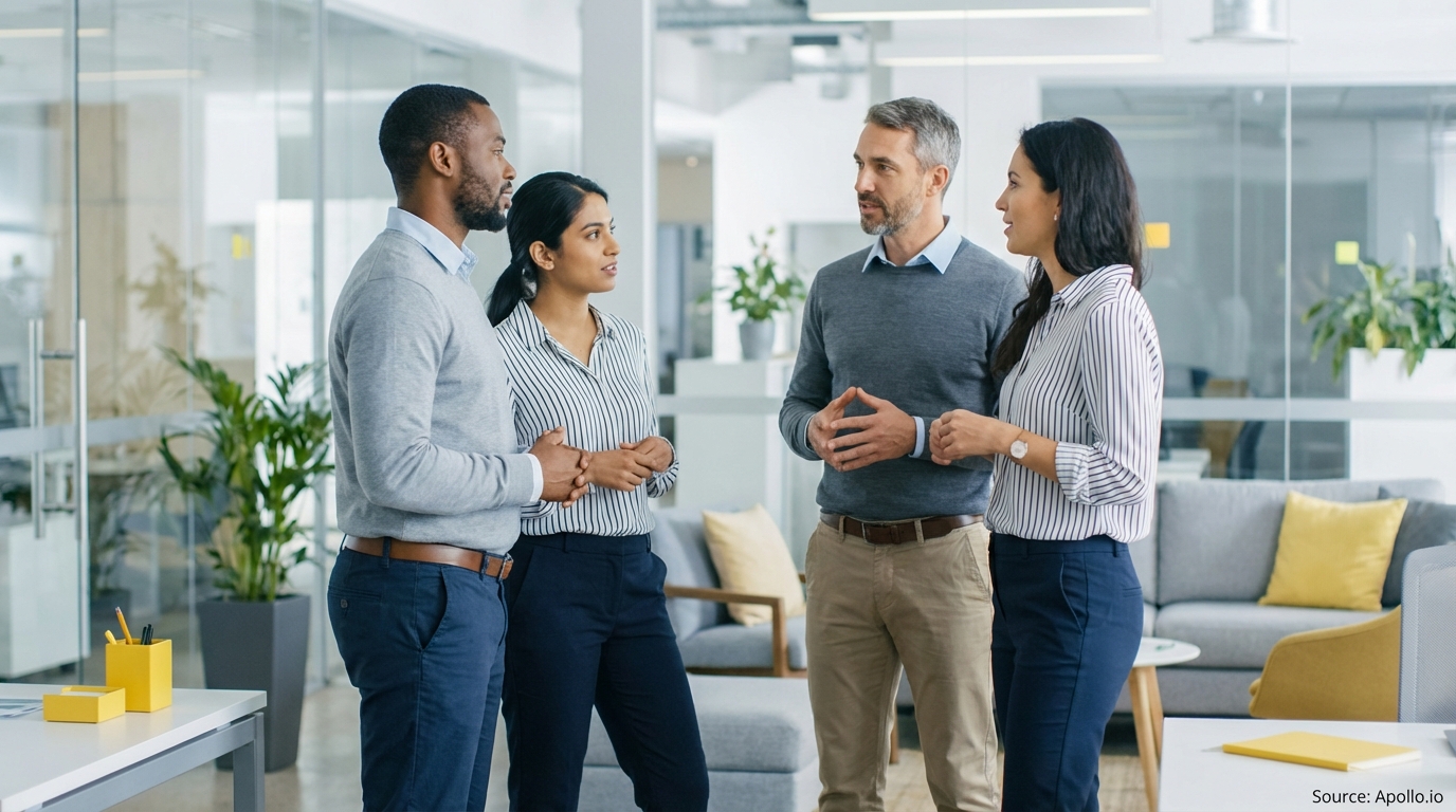 Four diverse professionals discussing in a bright, modern office space.