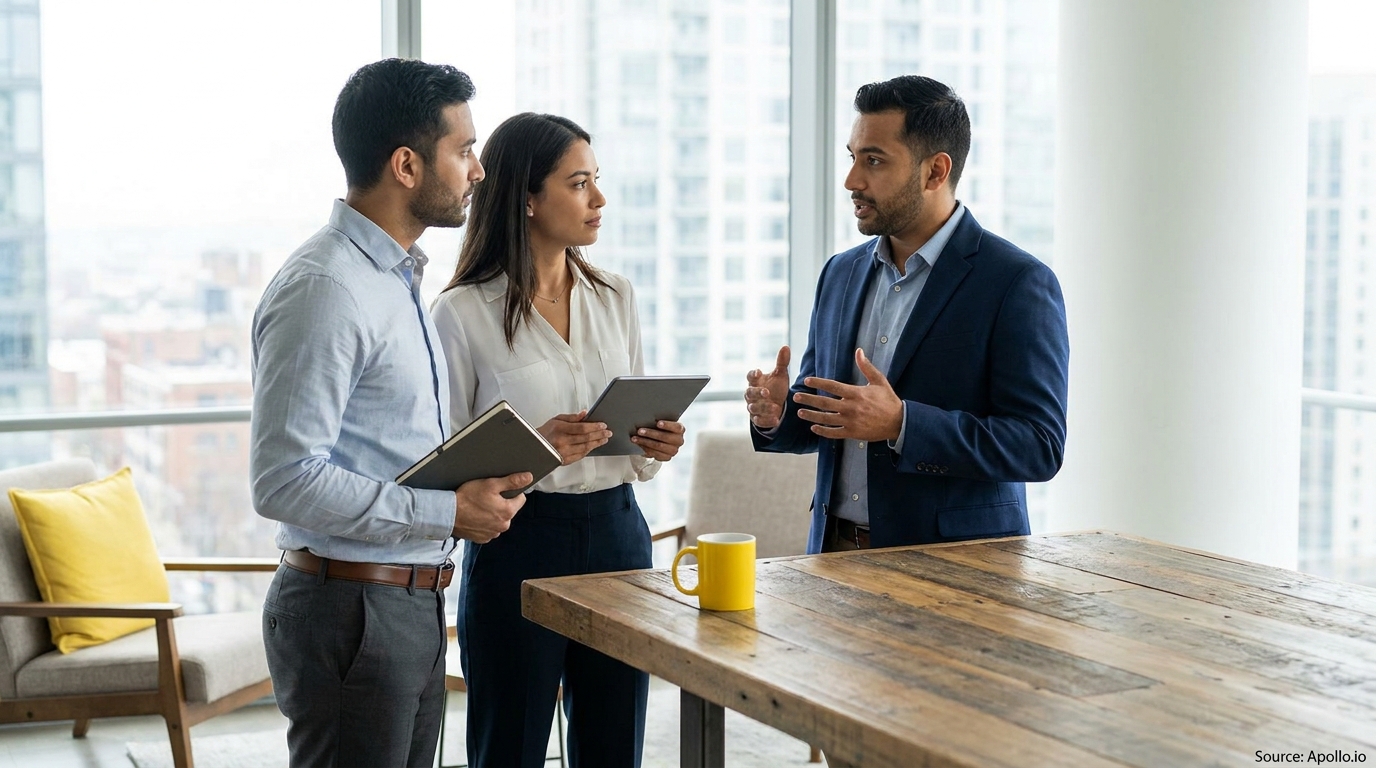 Three business professionals discussing in a bright modern office with city views.