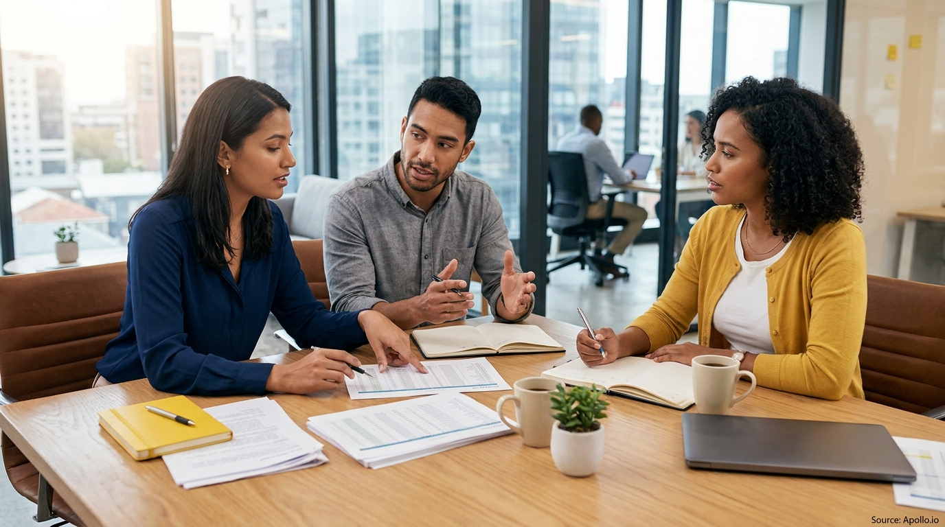 Three business professionals discuss documents and data in a bright office meeting.