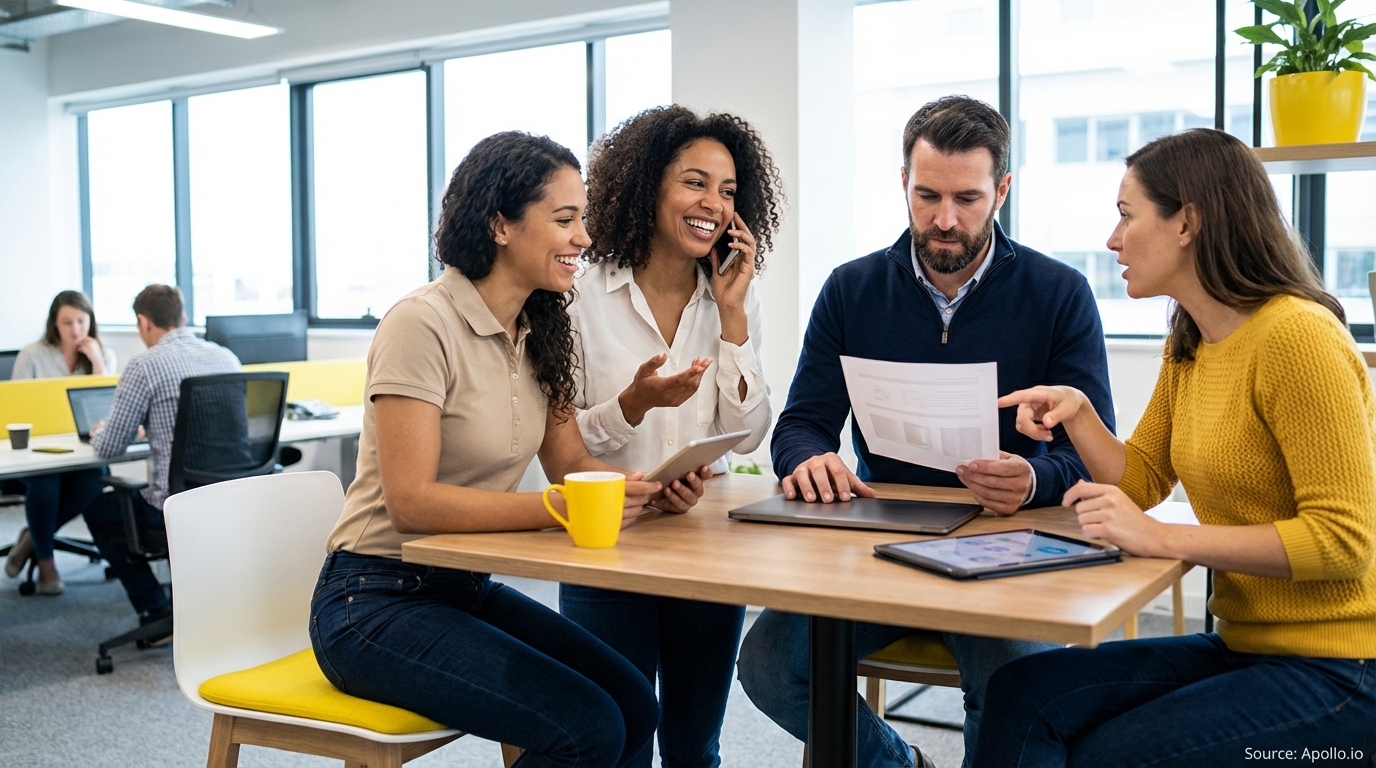 Four professionals collaborate at a modern office table, discussing documents and using technology.
