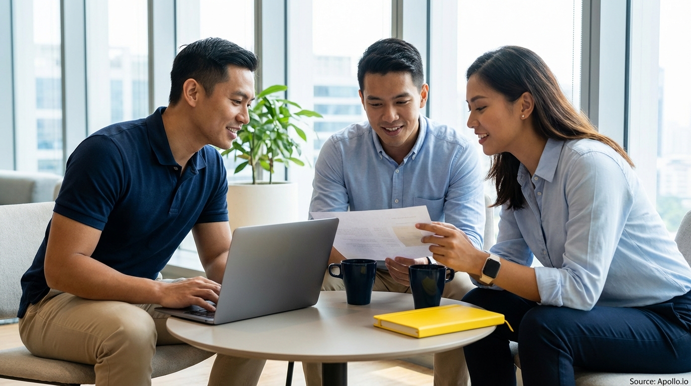Three smiling colleagues work together at a modern office table with a laptop and documents.