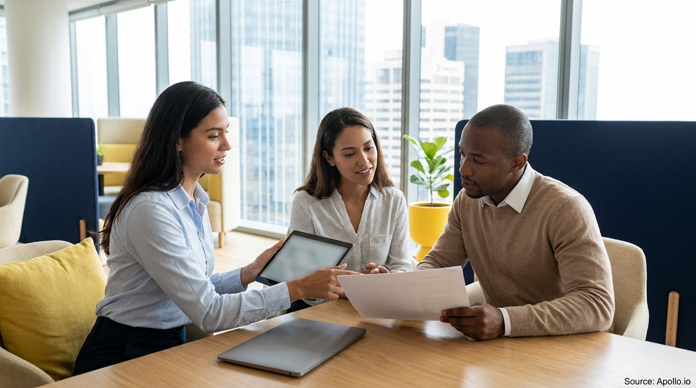 Three professionals discuss documents and a tablet at a modern office table.