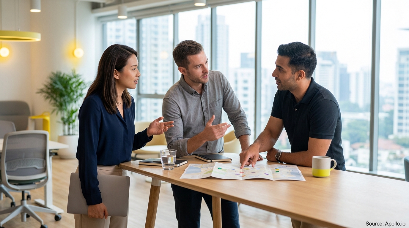 Three professionals discuss a geographic map on a table in a modern office.