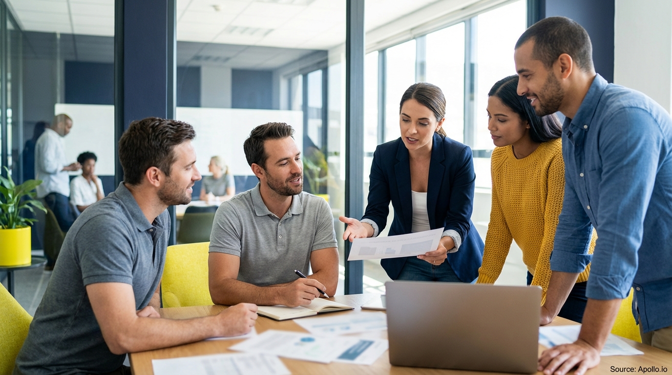 Five professionals discuss documents around a table in a modern office.