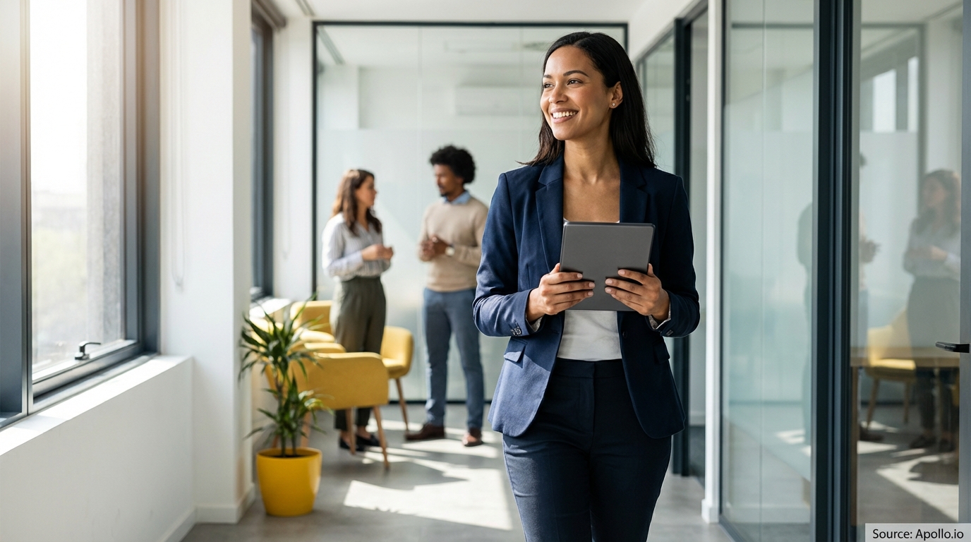 Smiling businesswoman with tablet walks through a modern office; two colleagues talk nearby.