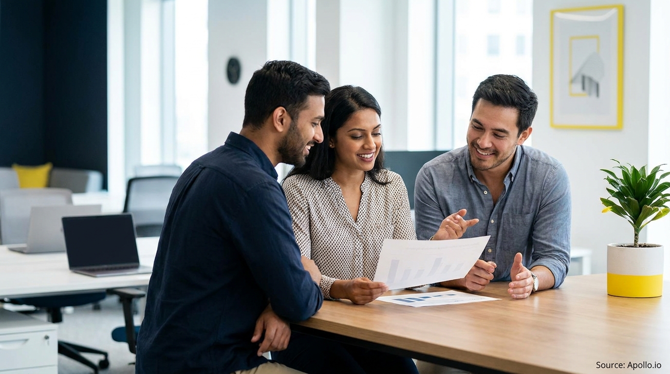 Three diverse professionals smiling and discussing documents at a modern office table.