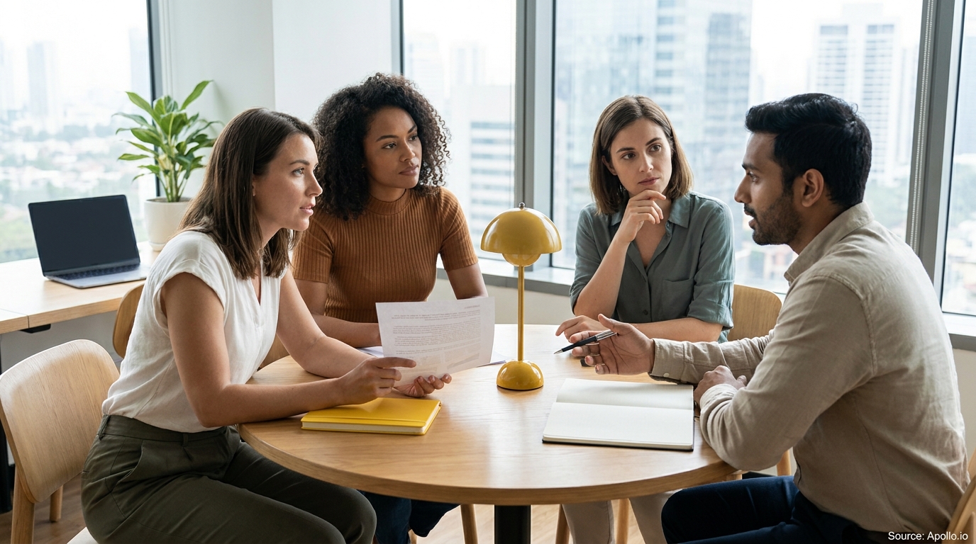 Four colleagues having a focused discussion at a bright office table.