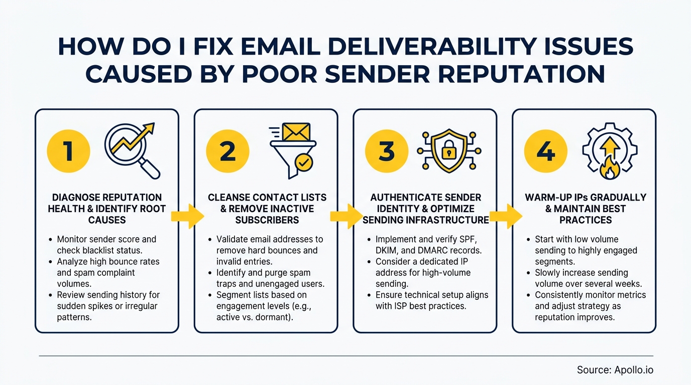 Infographic illustrating a four-step process to fix email deliverability issues.