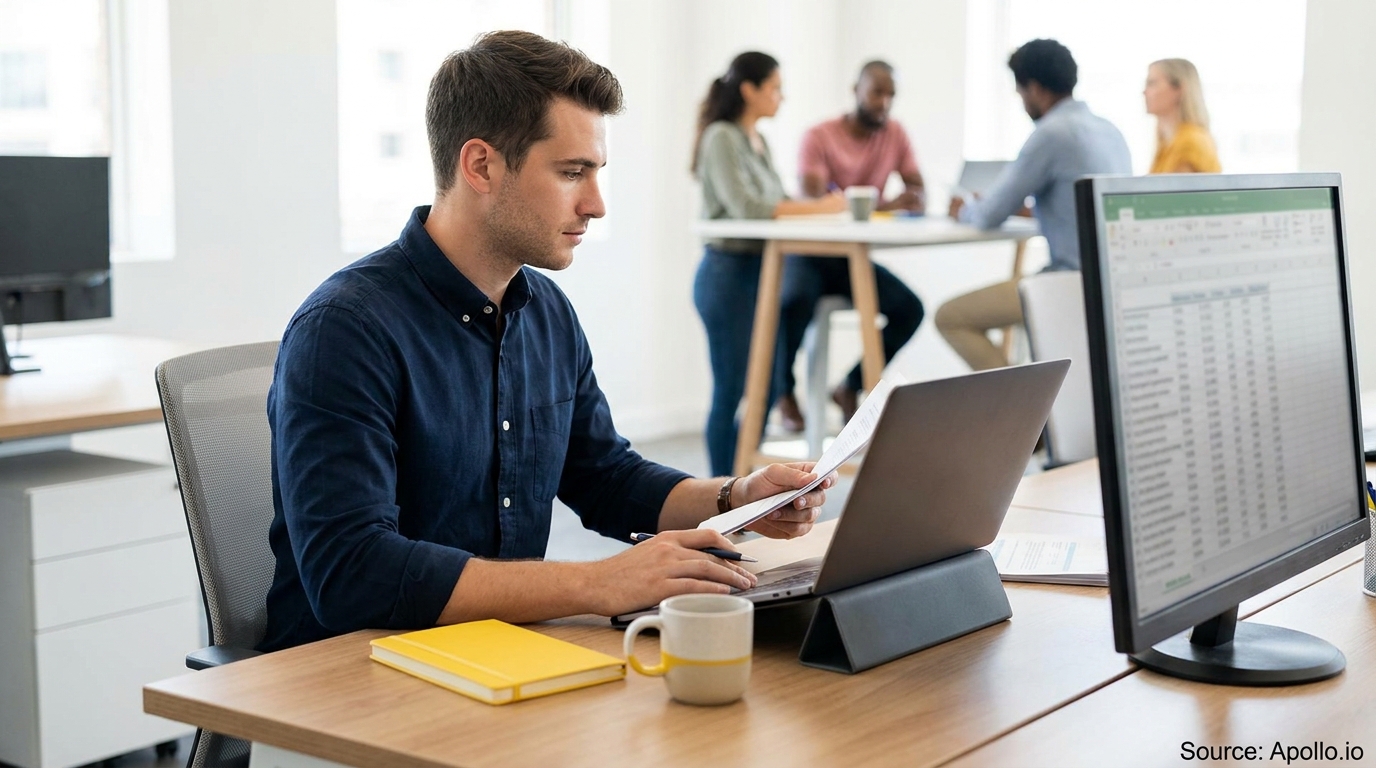 Man reviews documents on a laptop and monitor, with colleagues in a modern office.