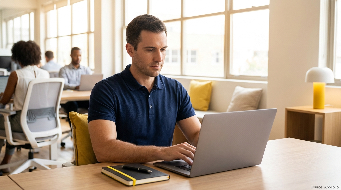 A man works on a laptop in a bright, modern office with other people working.