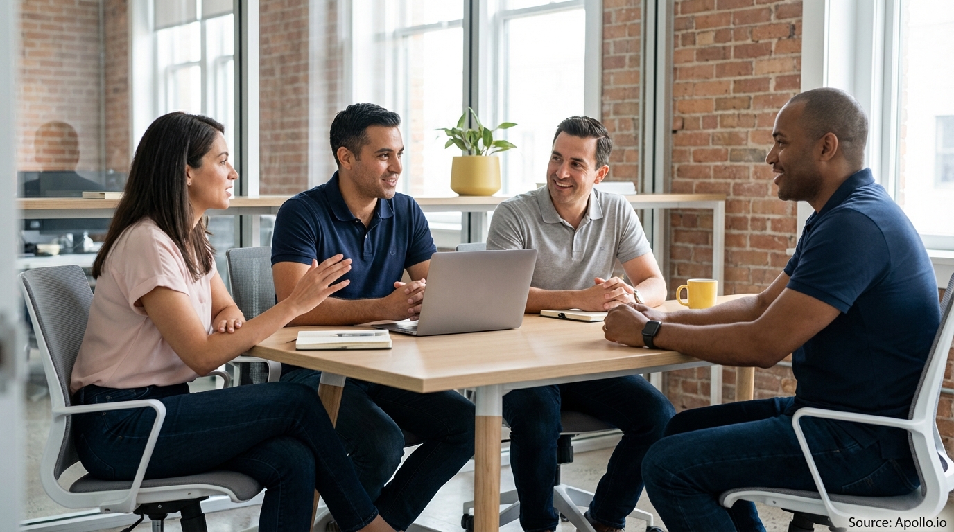 Four professionals discuss around a table with a laptop in a modern office.