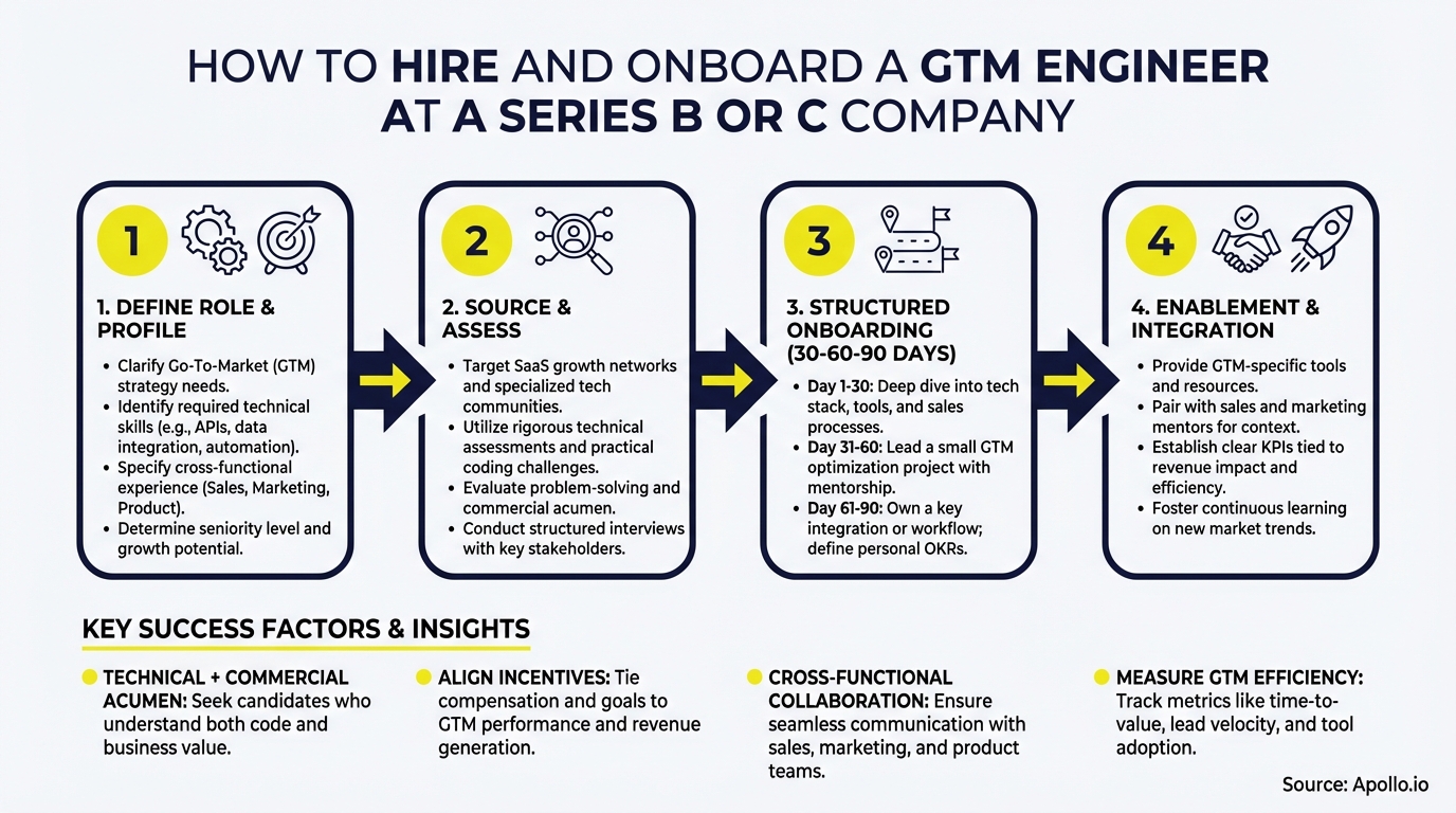 A visual guide outlining four steps for hiring and onboarding a GTM engineer, with key insights.