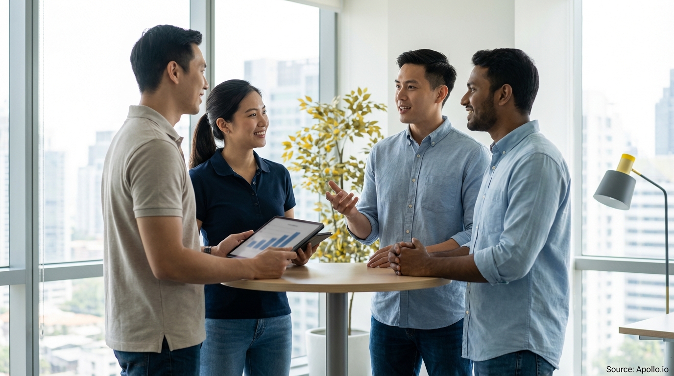 Four diverse colleagues stand discussing data on a tablet in a bright office.