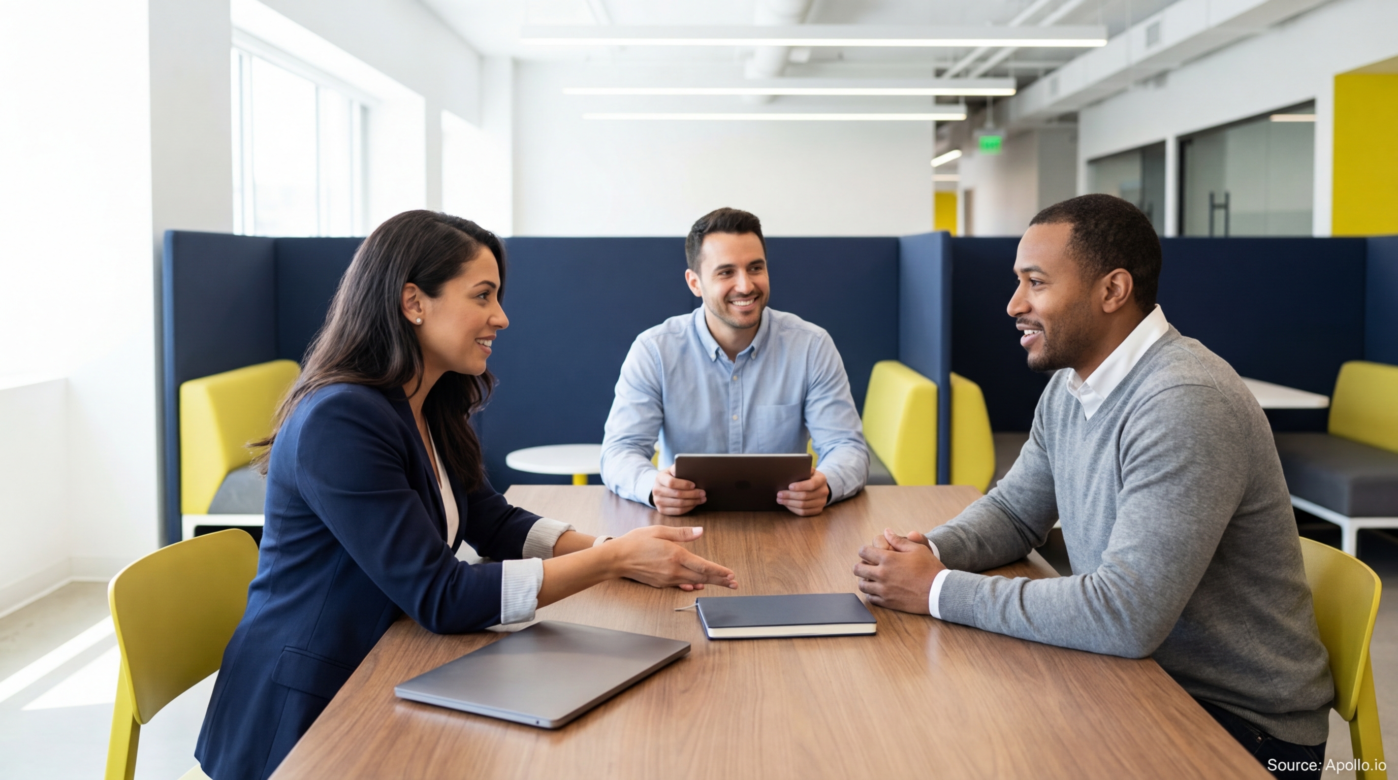 Three colleagues discuss at a modern office table with a laptop, tablet, and notebook.