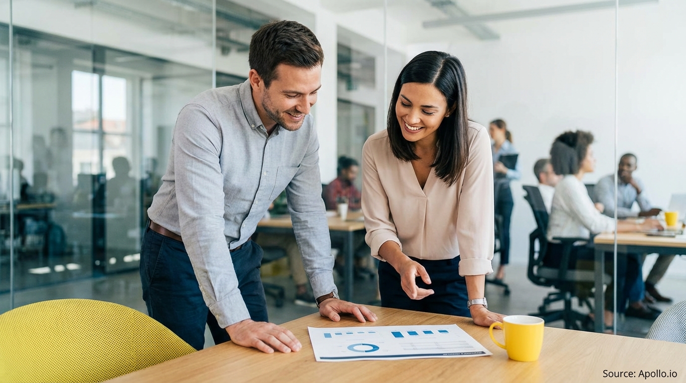 Two smiling professionals reviewing a document with charts in a modern office.