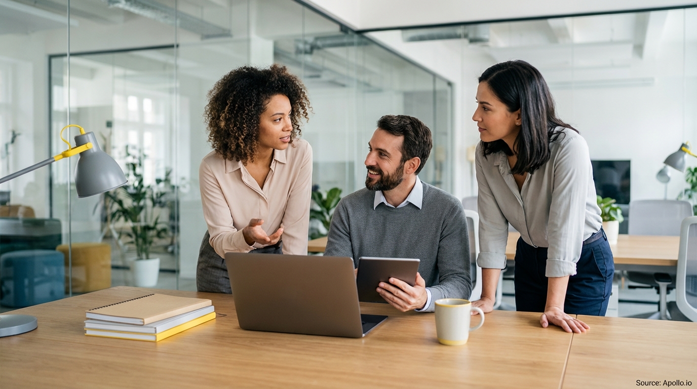 Sales professional making a phone call in a modern office setting