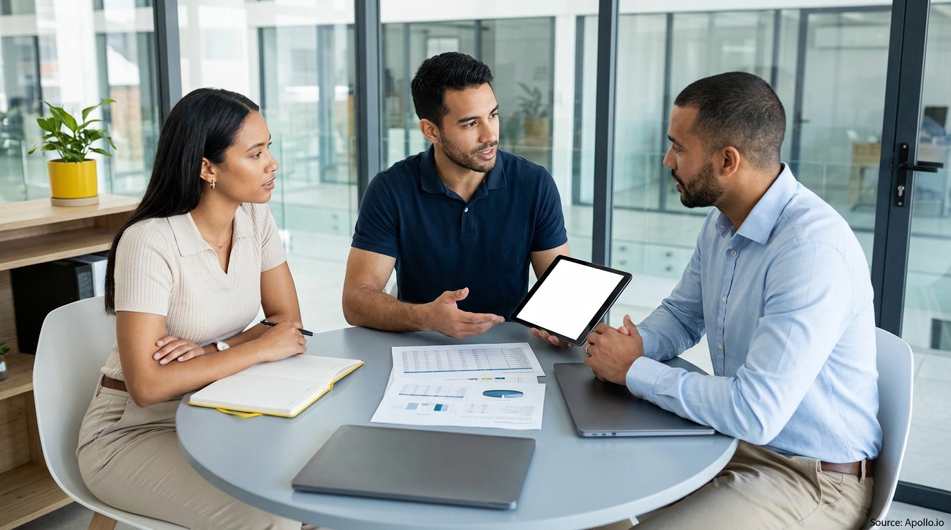 Three diverse professionals discuss at a modern office table, one showing a blank tablet screen.