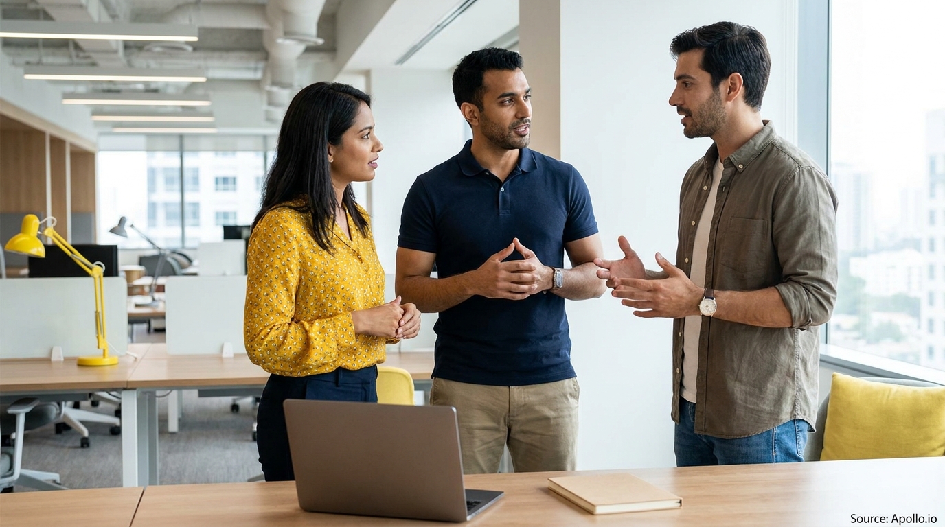 Three professionals stand and discuss, gesturing, in a modern, open office.