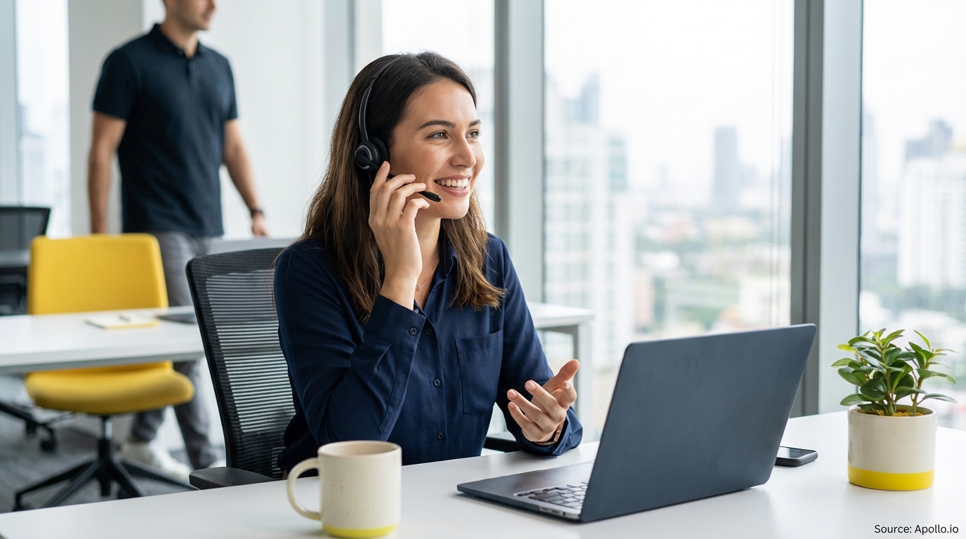 Two people in a modern office, with a woman on a headset talking at a laptop.