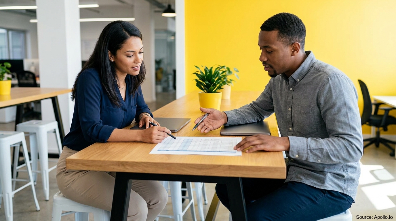 Two professionals discuss a document at a modern office table with laptops.