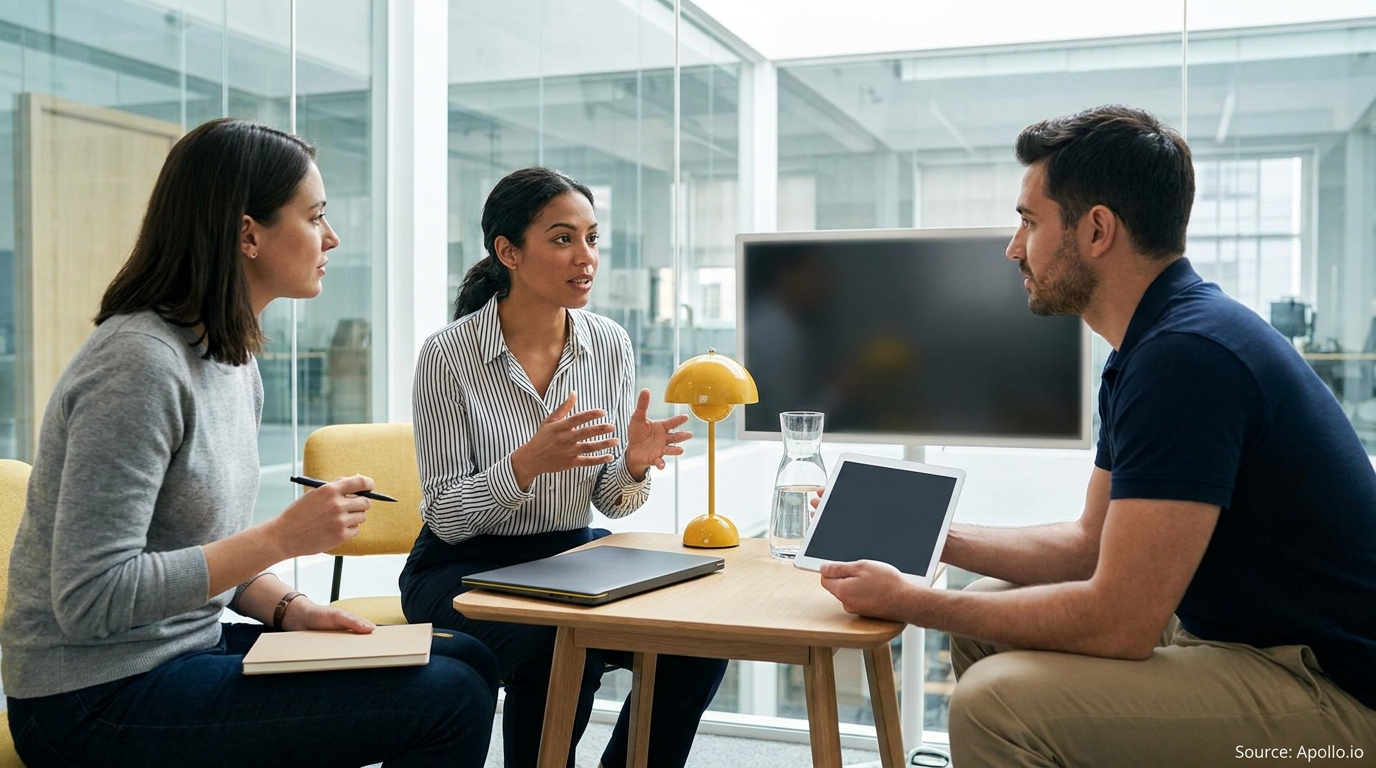 Three professionals discuss in a modern glass office, one speaking, one taking notes, one with a tablet.