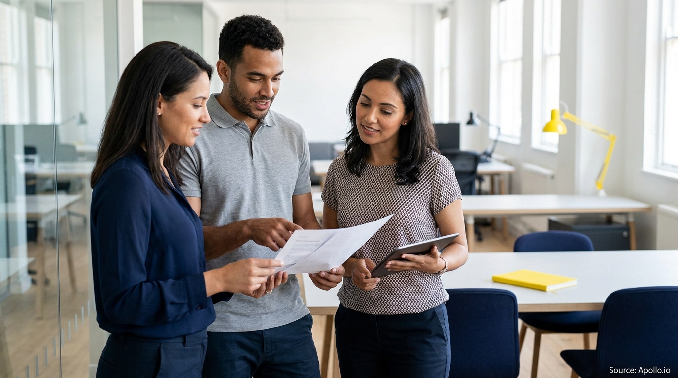 Three diverse professionals discuss documents and a tablet in a bright, modern office.