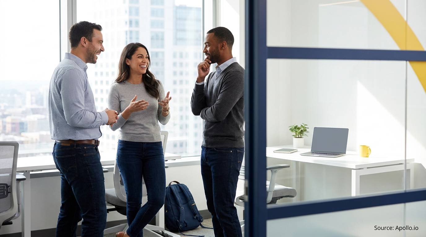 Three diverse professionals smiling and discussing in a modern office with large windows.