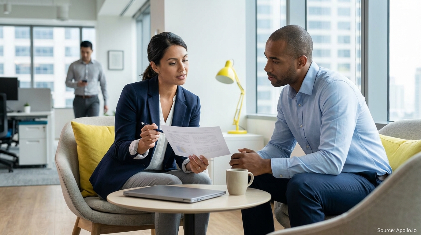 Two professionals review documents in an office lounge, as a third person walks by.