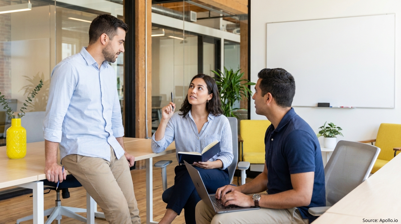 Three colleagues brainstorm ideas in a bright office, one taking notes, one on laptop.