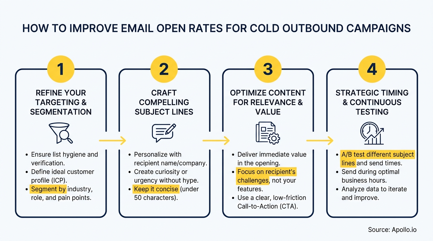 Infographic detailing four steps to improve email open rates for cold outbound campaigns.