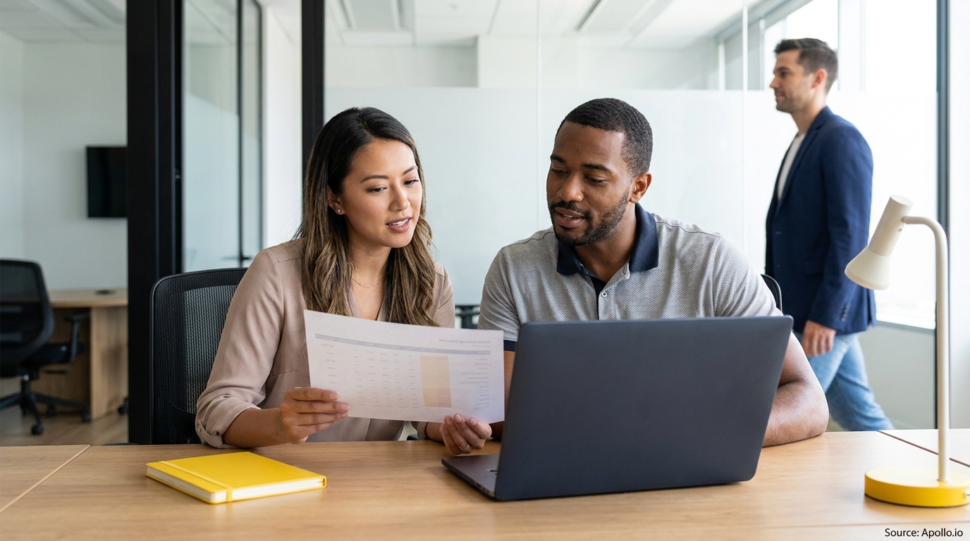Two colleagues analyze documents and a laptop at a modern office desk; another man walks nearby.
