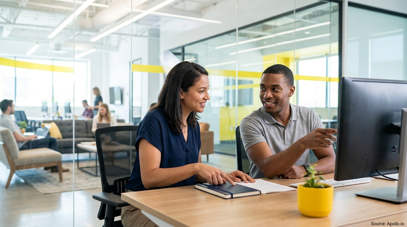 Two smiling professionals discuss a computer screen and notebook in a modern office.