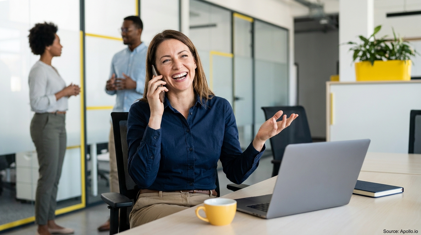 A laughing woman gestures on a phone call at a laptop in a modern office with two colleagues.