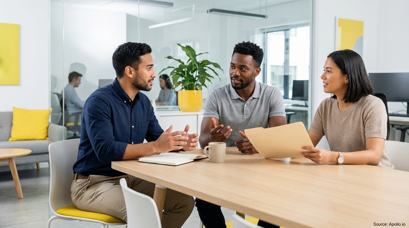 Three diverse professionals discuss at a modern office table.