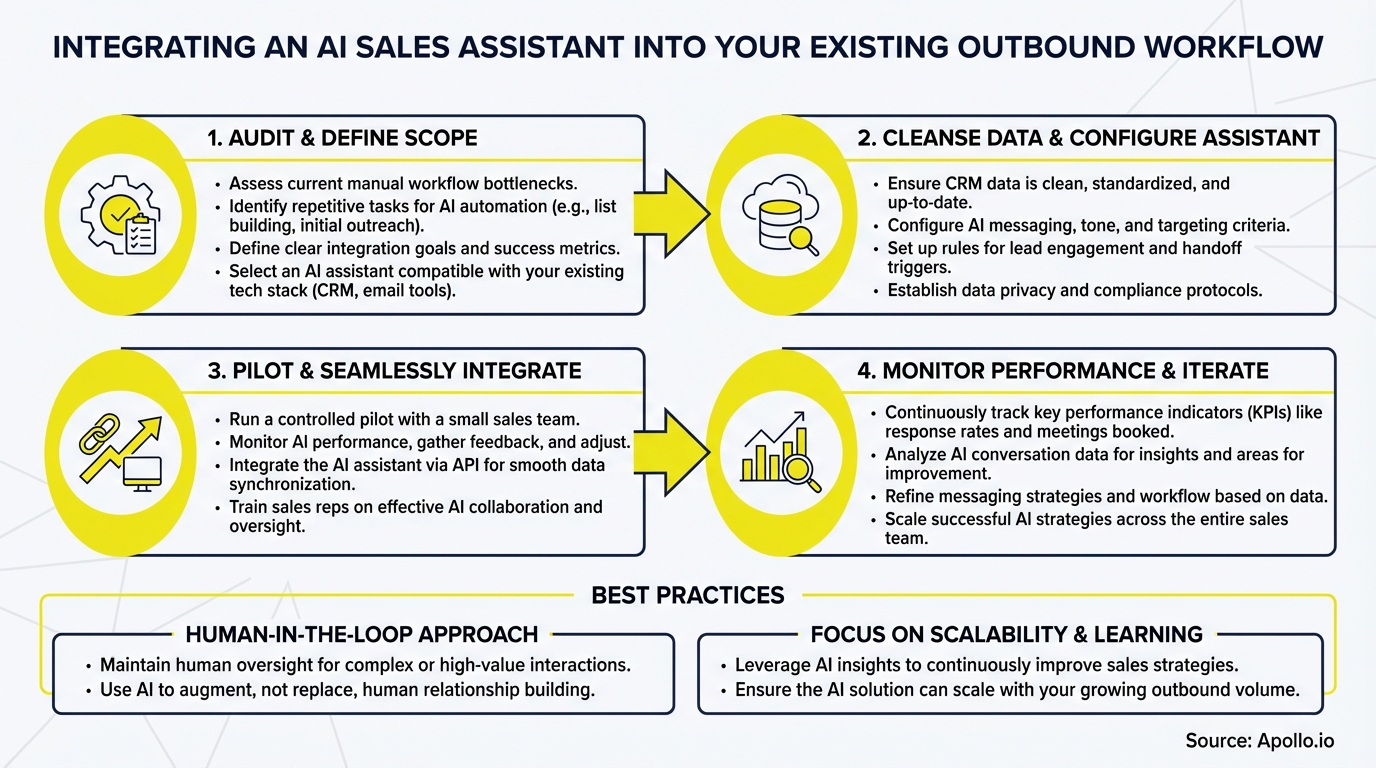 Flowchart illustrating four steps and best practices for integrating an AI sales assistant into an outbound workflow.