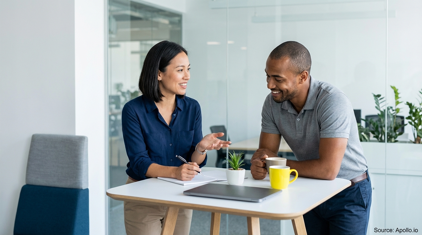 Two colleagues smiling and talking at a modern office standing table with a laptop and coffee.