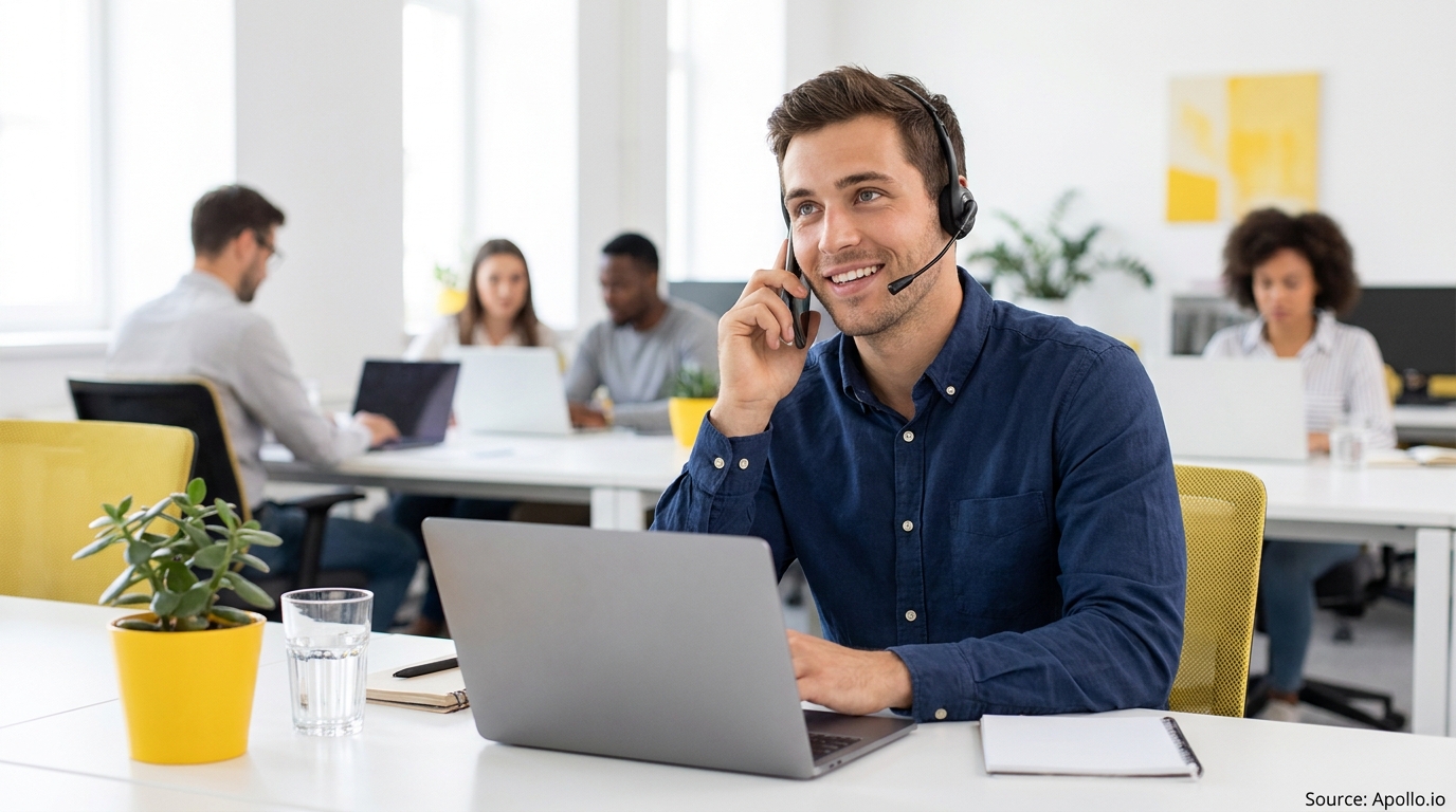A smiling man wearing a headset talks on the phone while working on a laptop in a busy office.