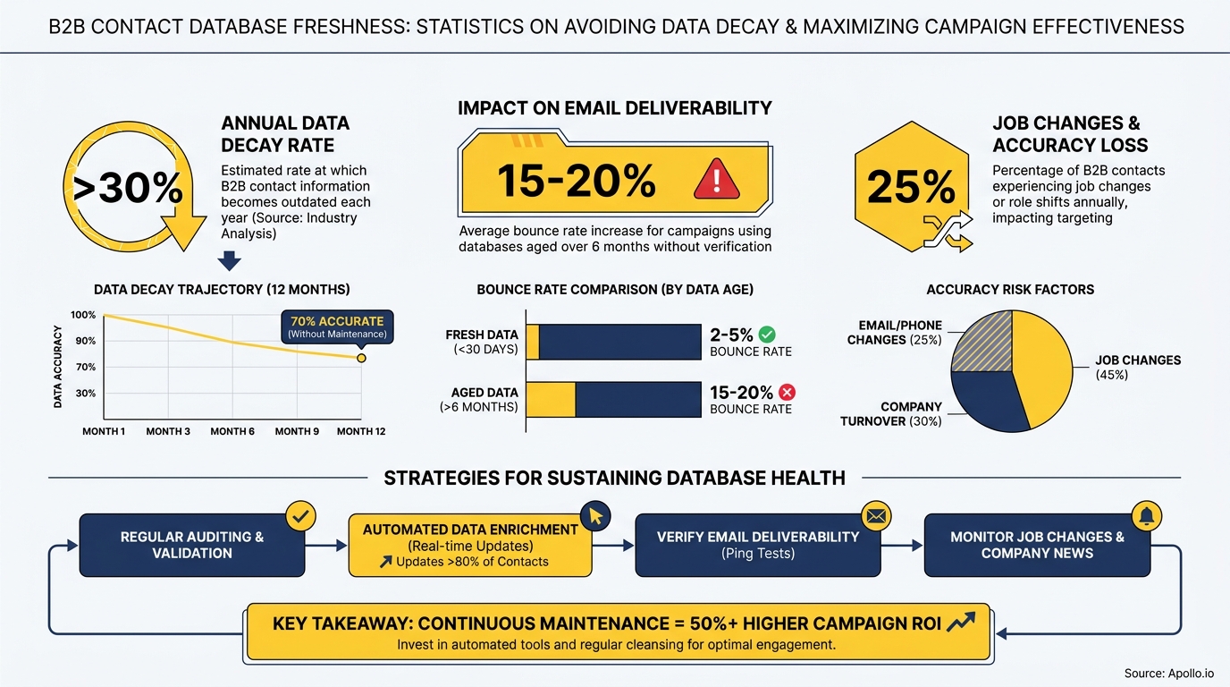 Infographic detailing B2B data decay statistics and strategies for maintaining database health.