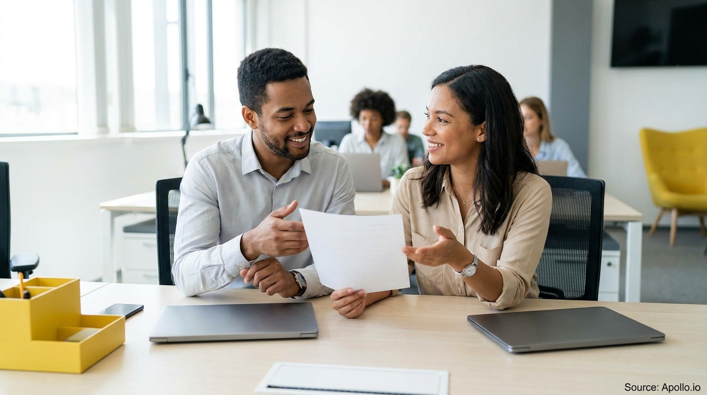 Two smiling colleagues collaborate on a document at a bright office desk.