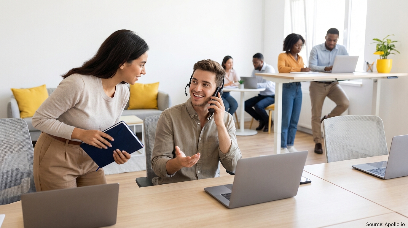Woman with notebook approaches man on headset call in a busy modern office.
