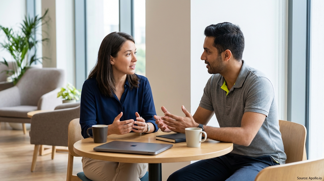 Two colleagues actively discussing at a modern office table with laptops and mugs.
