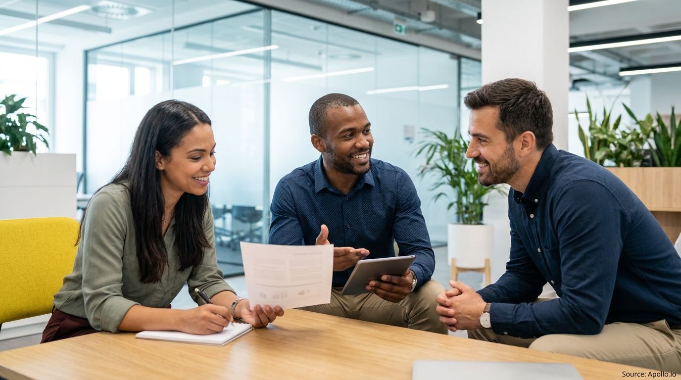 Three smiling professionals discussing work with papers and a tablet in a modern office.