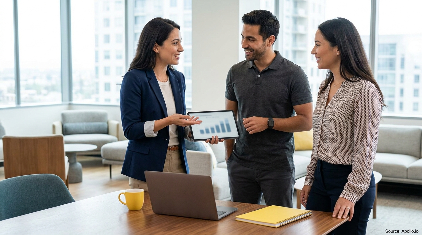Three smiling professionals discuss a bar graph on a tablet in a modern office.